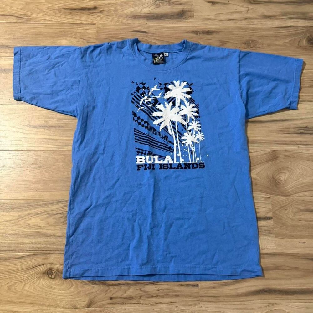 Vintage 00s Y2K Surf Blue Fiji Islands Bula graphic Nature Tee Size XL